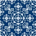 Bosnia and Herzegovian`s traditional retro vector folk art seamless pattern - Zmijanje cross-stitch design style in white on navy