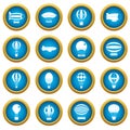 Retro balloons aircraft icons blue circle set