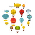 Retro balloons aircraft icons set in flat style