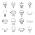 Retro balloons aircraft icons set, outline style