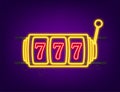 Retro banner for game background design. Winner banner. Slot machine with lucky sevens jackpot. Neon style. Vector stock Royalty Free Stock Photo