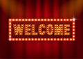 Retro banner welcome on purple backdrop. Light effect. Bright star. Vector design banner. Game sign. Royalty Free Stock Photo