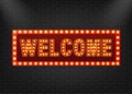 Retro banner welcome on purple backdrop. Light effect. Bright star. Vector design banner. Game sign. Royalty Free Stock Photo