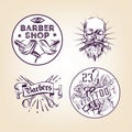 Retro barbers and tattoo salon emblems, badges, signs, stickers layout. Old school style ink illustrations