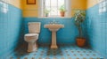 Retro bathroom with blue tiles and a vintage sink Royalty Free Stock Photo