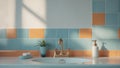 Retro Bathroom Design with Blue and Orange Tiles. Royalty Free Stock Photo
