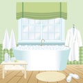 Retro bathroom interior. Bathtub with foam and window.