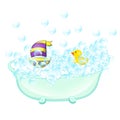 Retro Bathroom interior. soap bubbles. Bathtub with foam bubbles inside and bath yellow rubber duck and boat ion wall Royalty Free Stock Photo