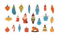 Retro Baubles, Vintage Christmas Tree Decoration Set. Santa Claus, Snowman, Nutcracker, Parrot, Dala Horse, Candy Cane
