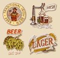 Retro Bavarian beer man, Green Hops , Rye and wheat, Cheers toast. Alcoholic Labels and stickers with calligraphic