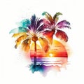 Retro beach palm tree sunset bundle watercolor