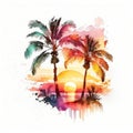 Retro beach palm tree sunset bundle watercolor