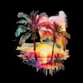 Retro beach palm tree sunset bundle watercolor