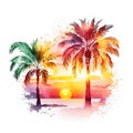 Retro beach palm tree sunset bundle watercolor