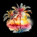 Retro beach palm tree sunset bundle watercolor