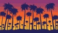 Retro beach sunset. Evening California palm trees, tropical paradise with color striped sky background vector Royalty Free Stock Photo