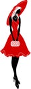 Retro beautiful woman in hat red and black silhouette with a bag. Fashion stylish illustration