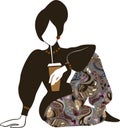 Retro beautiful woman in paisley pattern trouses elegant silhouette with a juice or coffee. Fashion stylish illustration