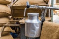 Retro bicycle and aluminium container of milk on the bike Royalty Free Stock Photo