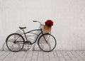 Retro bicycle with basket and flowers in front of the old wall, background Royalty Free Stock Photo