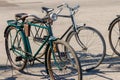 Retro bicycles parked on city street