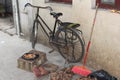 Retro bike against an old wall in Guangzhou China Royalty Free Stock Photo