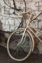 Retro bike is beige indoors. Photo of an old bicycle as an element of the interior Royalty Free Stock Photo