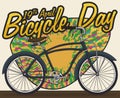 Retro Bike over Psychedelic Colorful Sign to Commemorate Bicycle Day, Vector Illustration