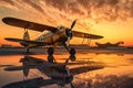 retro biplane parked on an airfield at sunset