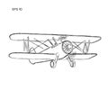 Retro biplane plane vector drawing. Vintage piston engine airplane sketch Royalty Free Stock Photo