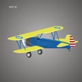 Retro biplane plane vector illusration. Vintage piston engine airplane Royalty Free Stock Photo