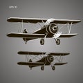 Retro biplane plane vector illustration. Vintage piston engine airplane