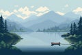Retro 8 bit pixelated landscape with a boat and mountains. Royalty Free Stock Photo