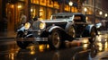 A retro black car on a wet street in 80s style