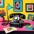 Retro black desk dial phone 1960 colors