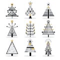 Retro black, gray and golden trendy isolated pop art Christmas trees icons set Royalty Free Stock Photo