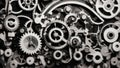 A retro black and white background of industrial cogs or gears with movement