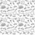 Retro black and white pattern. 90s doodles seamless background. Trendy vector pattern with hand drawn elements from 1990s