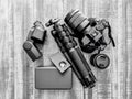 Black and White Photography Gear, Camera, tripod, flash and lenses Royalty Free Stock Photo
