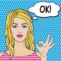 Retro blonde girl says OK pop art comics style. Vector woman showing OK gesture