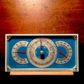 Retro blue barometer with wood background. Royalty Free Stock Photo