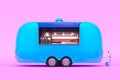 Retro Blue Food Truck With Detailed Interior Isolated on Pastel Pink Background. Takeaway Food and Drinks. 3d rendering