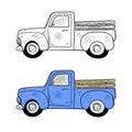 Retro Blue Pickup Truck. Side View. Vintage Color Engraving Illustration For Poster, Web. Isolated On White Background