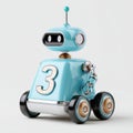 Retro blue toy robot with wheels and antenna on neutral background Royalty Free Stock Photo
