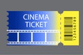 Retro blue yellow cinema ticket. Film, movie. Old design. Vector illustration. stock image. Royalty Free Stock Photo