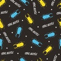 Retro Blue and Yellow Stag Beetles Insect Vector Graphic Seamless Pattern Royalty Free Stock Photo