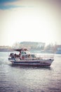 Retro boat on the River. Blue sky. Background Royalty Free Stock Photo