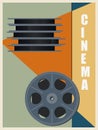 Retro bobbin with cinema film. Vintage style poster. Vector illustration. Royalty Free Stock Photo