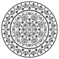 Scandinavian floral mandala vector embroidery folk art style - Nordic outline round pattern with flowers and leaves in black on wh