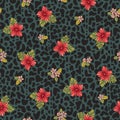 Retro Bold Colorful Tropical Exotic Foliage, Hibiscus Floral Vector Seamless Pattern on Animal Skin Background.